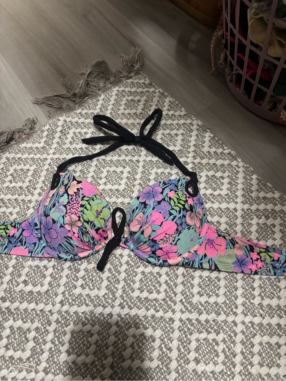 Y2K PINK Victoria's Secret Multicolor Floral Bikini Top with Black Accents